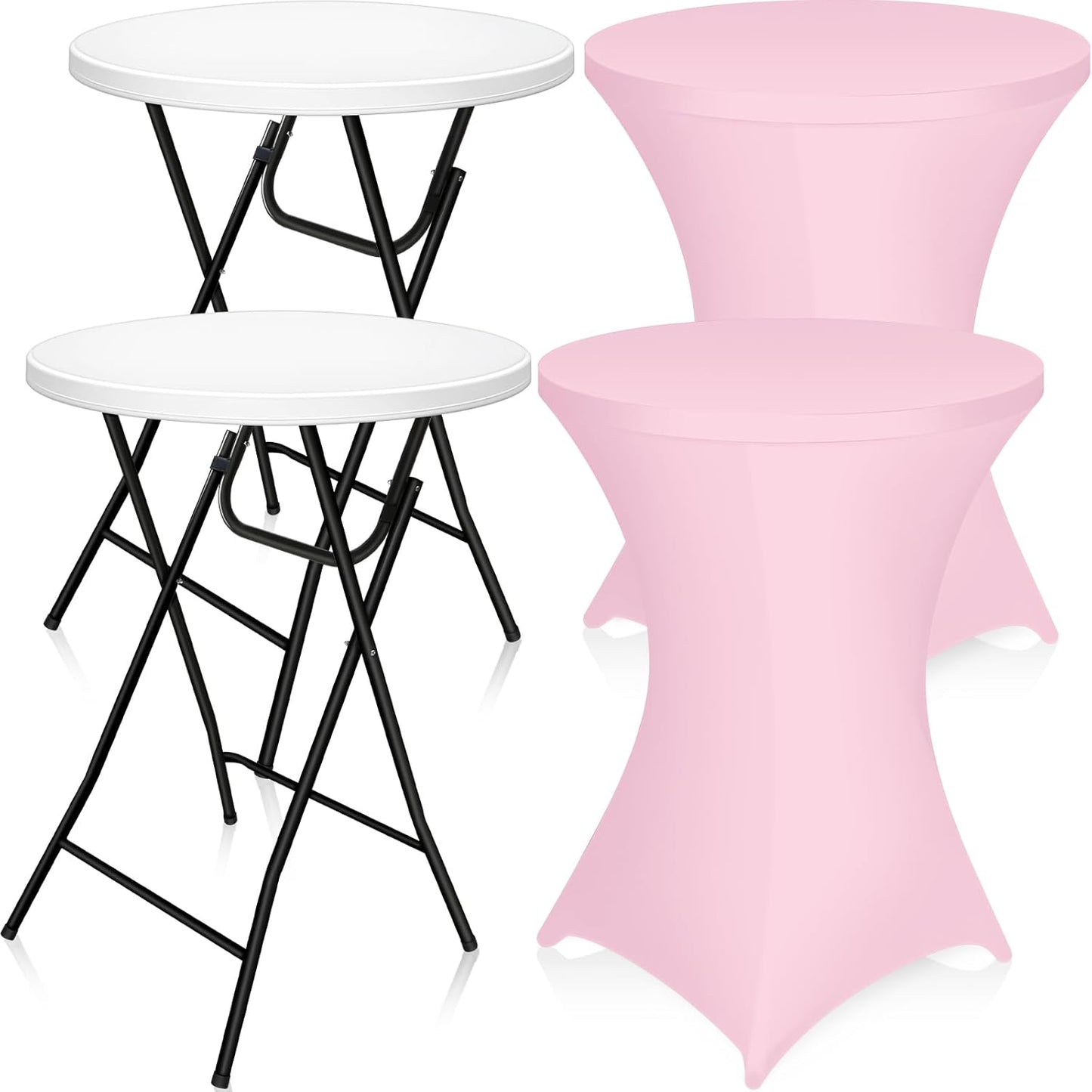 Wenqik 2 Sets 32" High Top Round Folding Cocktail Tables White Bar Height with Removable Legs & 32"x43" Spandex Stretch Table Covers (Pink)