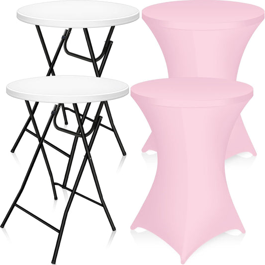 Wenqik 2 Sets 32" High Top Round Folding Cocktail Tables White Bar Height with Removable Legs & 32"x43" Spandex Stretch Table Covers (Pink)