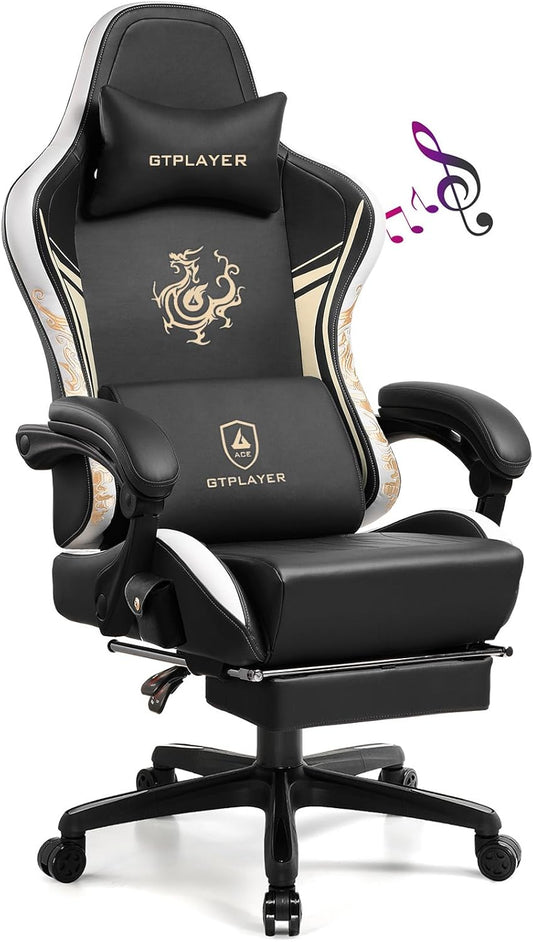 GTPLAYER Gaming Chair with Bluetooth Speakers and Footrest, Dragon Series Video Game Chair, Heavy Duty, Ergonomic, Esports Computer Office Chair, (Blackwhite)