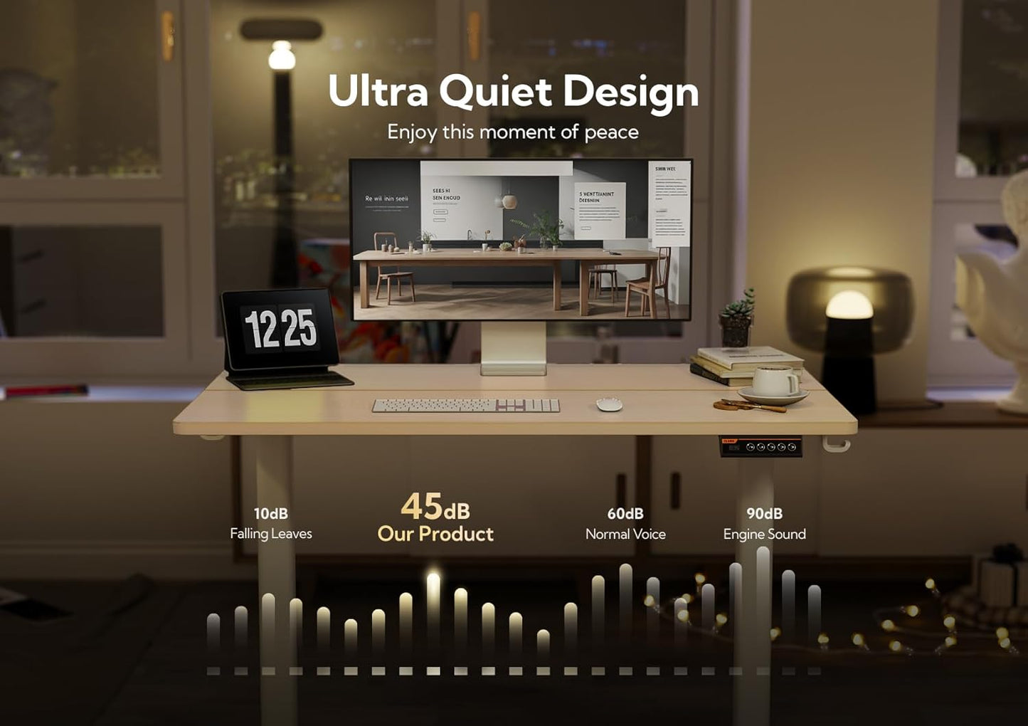 Claiks Electric Height Adjustable Stand Up Desk, 35x20 Inches Sit Stand Desk for Home Office, Nature Top/White Frame