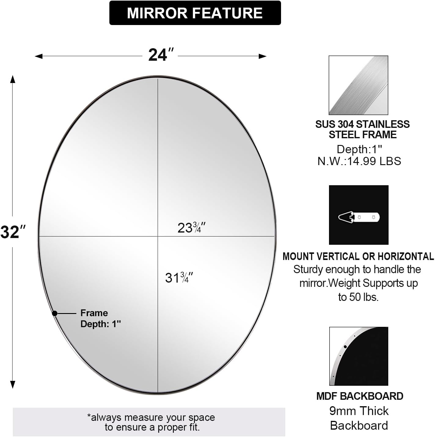 ANDY STAR Brushed Nickel Mirror Bathroom, 24x32 Inch Brushed Nickel Oval Mirror, Stainless Steel Metal Frame Oval Vanity Mirrors Hangs Horizontal or Vertical, Modern Style for Home