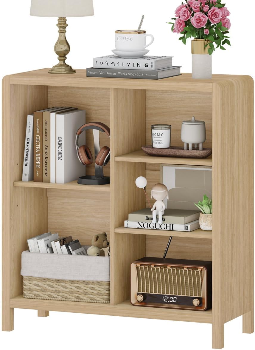 FATORRI 5 Cube Bookshelf, Wood Bookcase with 3 Adjustable Shelves, Modern Cube Storage Organizer Shelf for Home Office (Light Walnut)