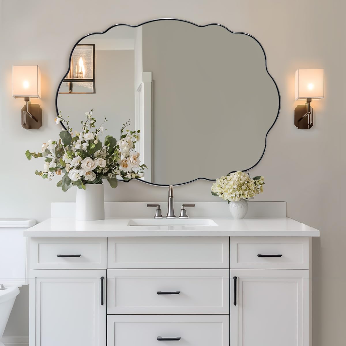 ANDY STAR Chrome Vintage Scalloped Mirror - 30x40 Inch Retro Bathroom Mirror, Unique Irregular Oval Wavy Mirror with Heavy Duty Metal Frame