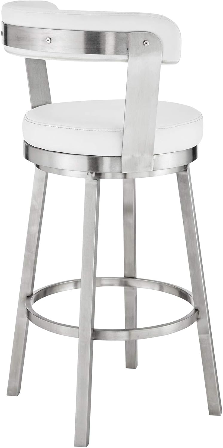 Armen Living Bryant Modern 30" Seat Height White Faux Leather and Brushed Stainless Steel Metal Swivel Bar Stool for Kitchen Island Counter