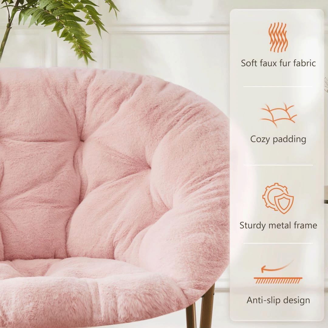 Comfortable Cozy Faux Fur Disc Chair Foldable Feature for Bedroom, Living Room and Dorm, Adult-Sized Relaxation, Pink