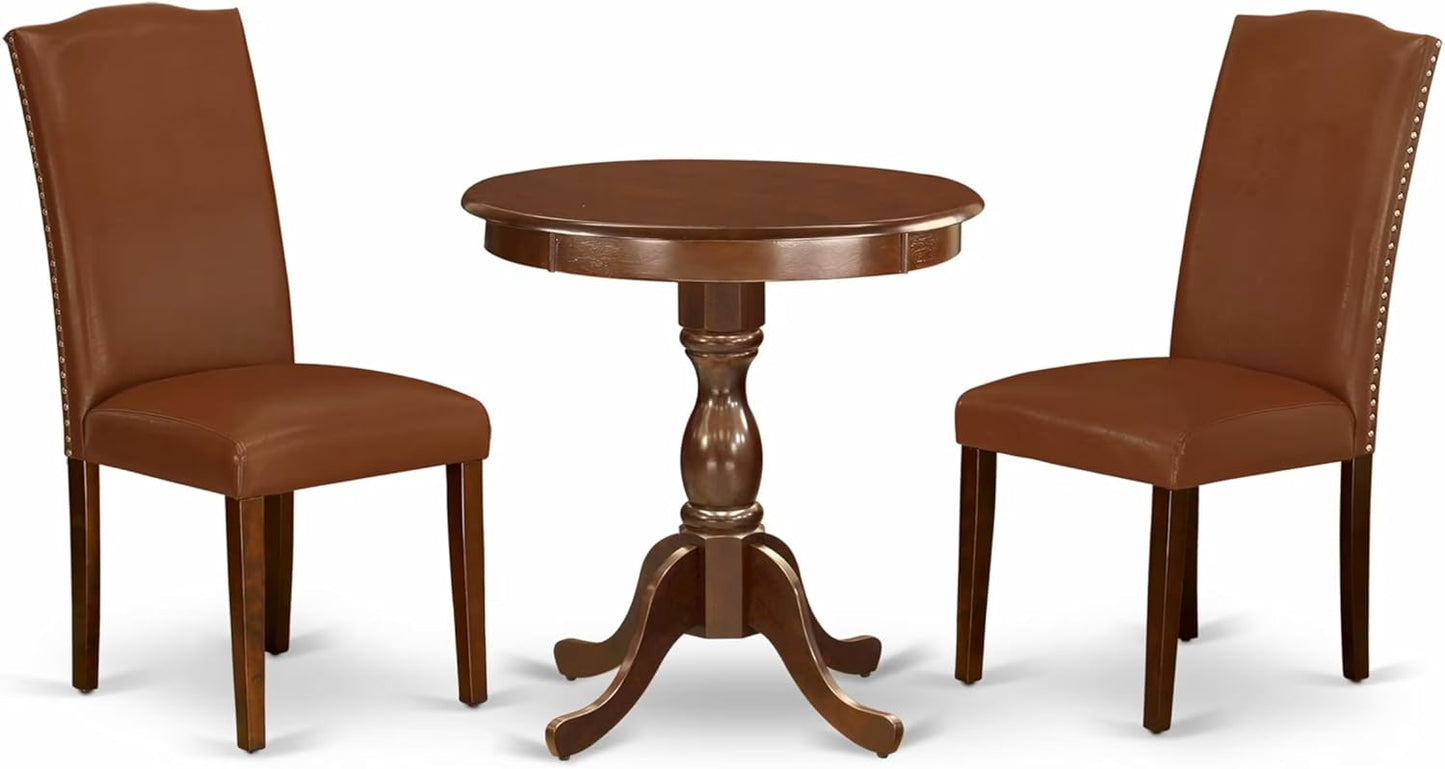 East West Furniture ESEN3-MAH-66 3 Piece Kitchen Table Set Contains a Round Dining Table and 2 Brown Faux Faux Leather Upholstered Chairs, 30x30 Inch, Mahogany