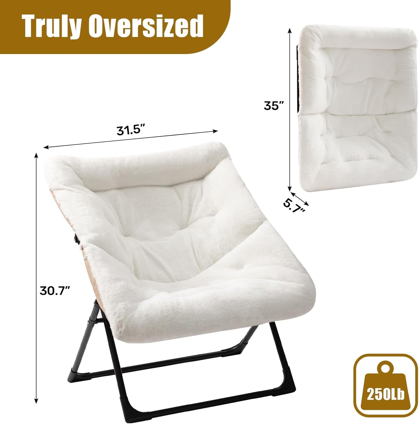 HollyHOME X-Large Saucer Chair, Comfy Oversized Folding Chair, Faux-Fur Reading Chair for Teens, Adults, Foldable Accent Lazy Chair, Metal Frame Lounge Chair for Living Room, Bedroom, Dorm, White