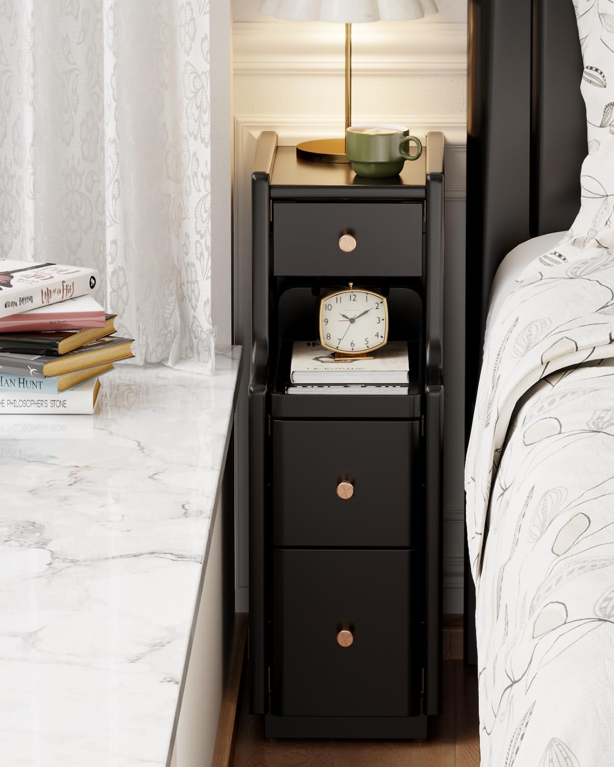 Narrow Nightstand with 3 Drawers,Solid Wood Narrow Bedside Tables, Small Bedside Tables,Modern Slim Small Nightstand for Bedroom(Black)