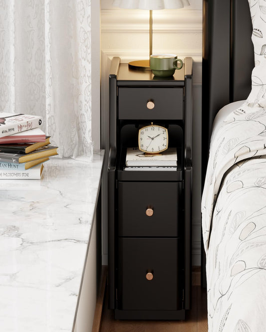 Narrow Nightstand with 3 Drawers,Solid Wood Narrow Bedside Tables, Small Bedside Tables,Modern Slim Small Nightstand for Bedroom(Black)