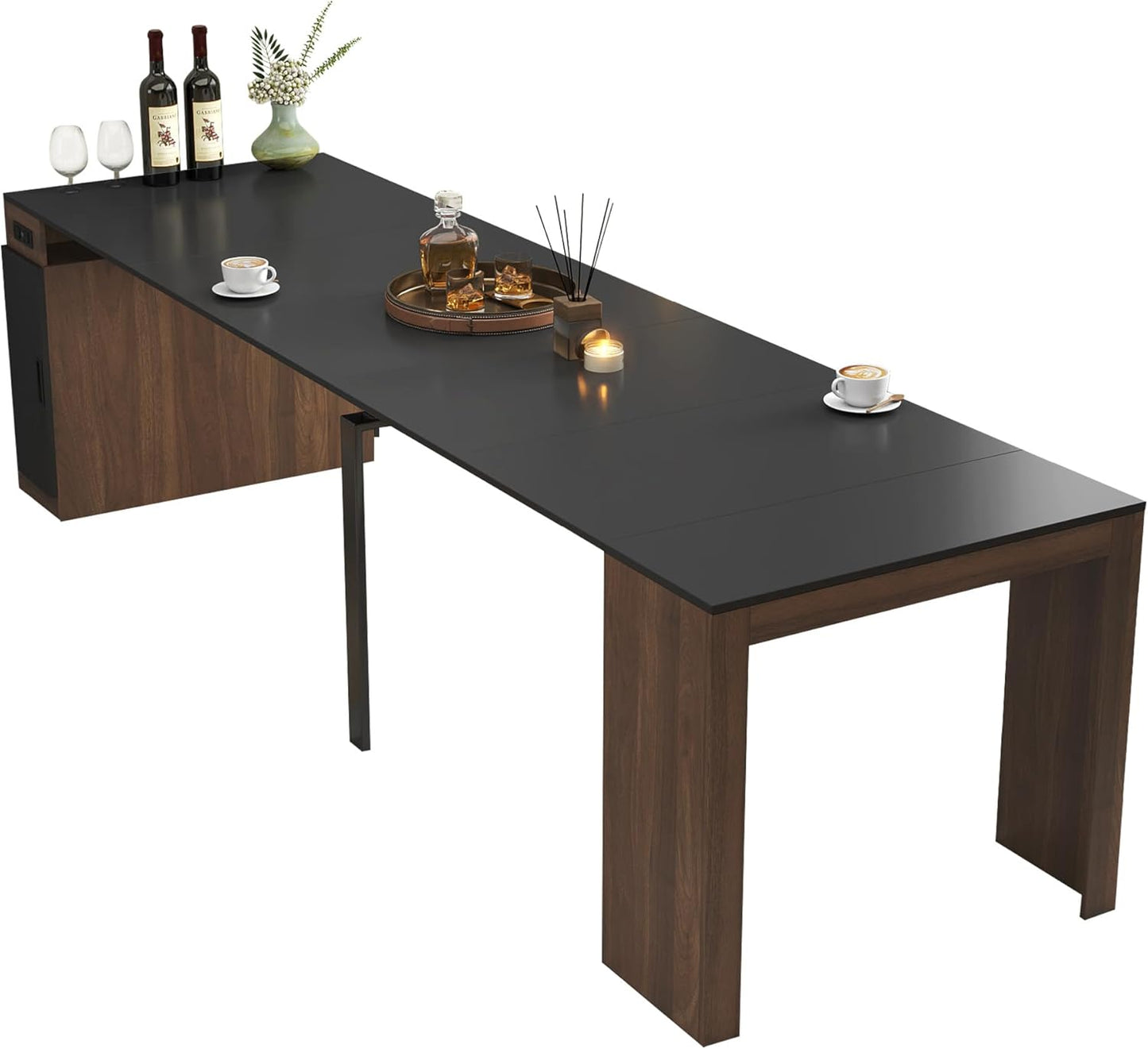 Expandable Dining Table, Convertible Table for Dining Room, Kitchen and Small Spaces, for 2-10 People(with Storage Cabinet and Outlet), Black