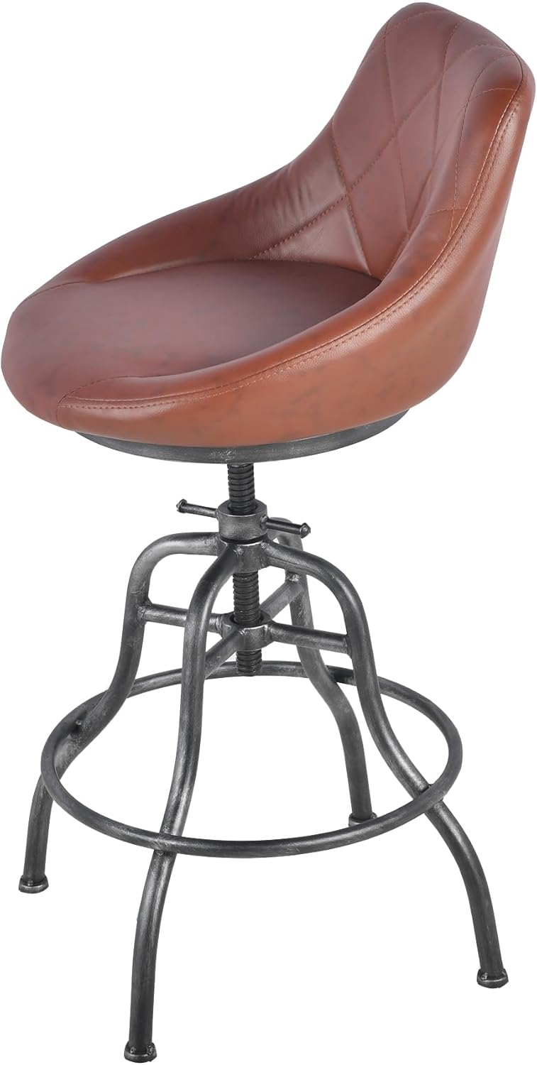 Diwhy Industrial Counter Stool, 22.44"-27.17" Adjustable Height PU Backrest Seat Bar Stool, Vintage Kitchen Dining Chair with Footrest, for Kitchen, Dining Side Chair, Bistro, Brown Leather