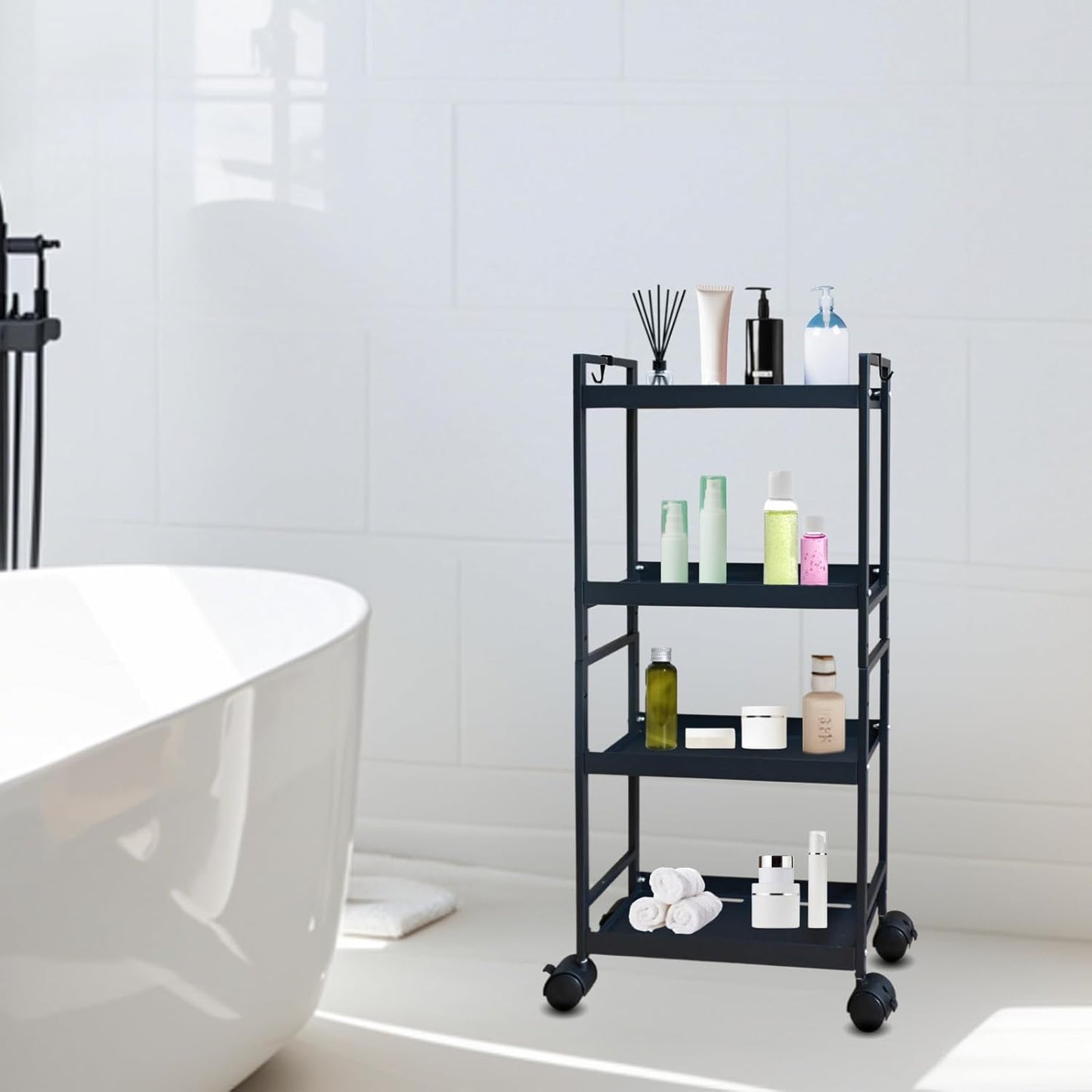 Beyeutao 4 Tier Slim Storage Cart with Wheels Black Rolling Utility Cart Bathroom Storage Organizer Narrow Storage Cabinet for Kitchen, Bedroom, Laundry Room, Bathroom
