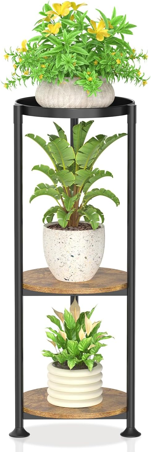 KMOTASUO 3 Tier Black Plant Stand Indoor for Large Tall Heavy Duty Planter, Multiple Sturdy Metal Flower Corner Rack for Narrow House Floor, Iron Vertical Level Round Orchi Holder Organizer, Modern