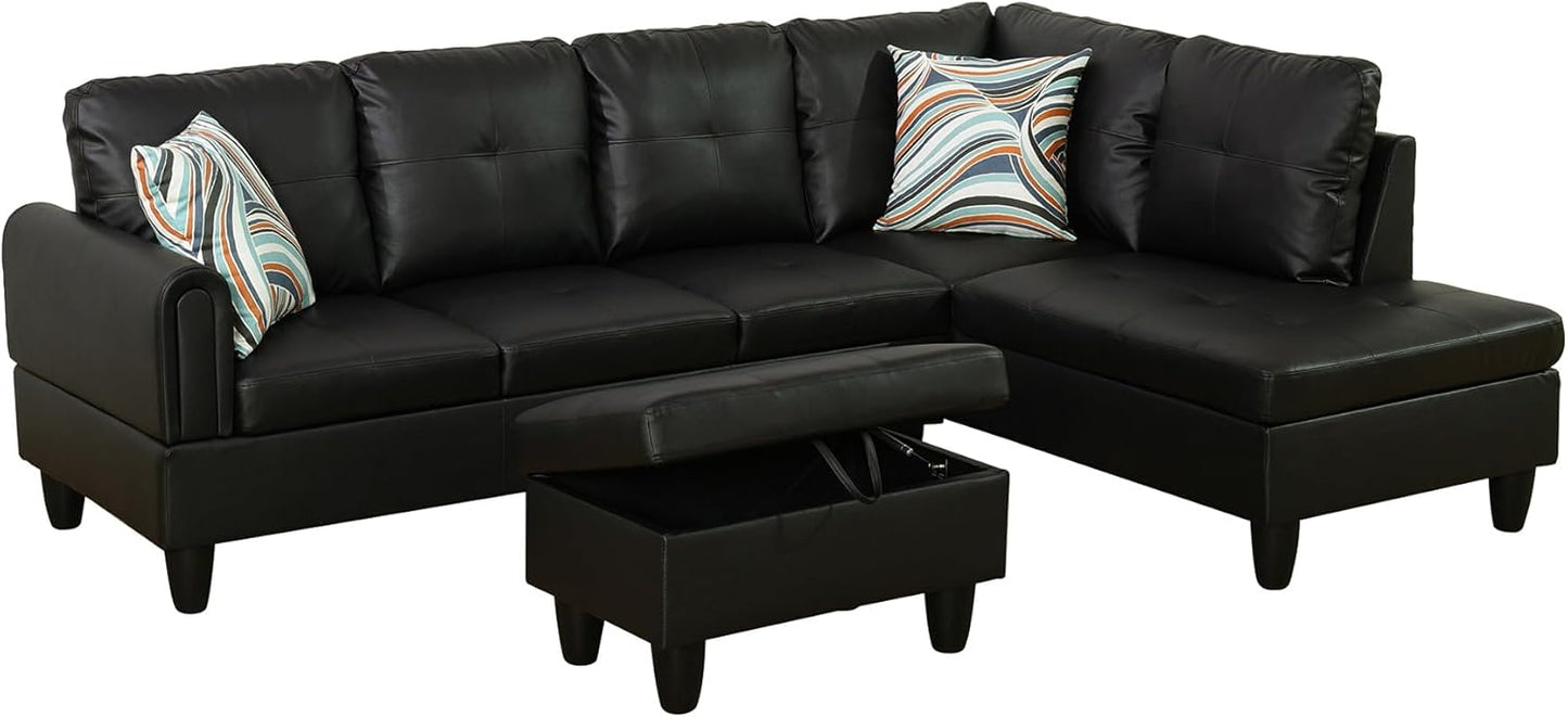 Couches for Living Room Faux Leather L Shaped Couch Comfy 3 Pieces Sectional Sofa with Chaise, Ottoman with Storage for Office and Small Apartment, Classic Black