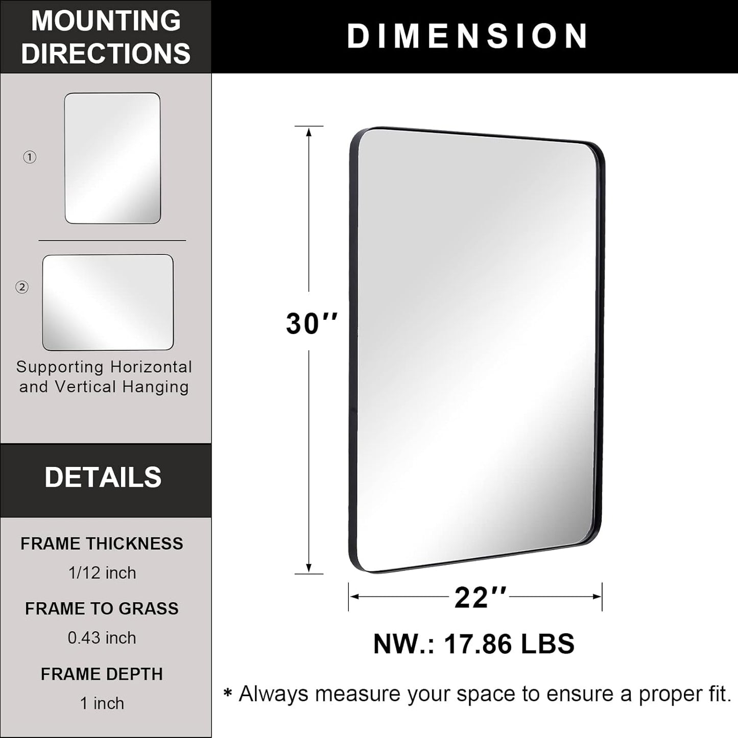 ANDY STAR Wall Mirror for Bathroom, Mirror for Wall with Black Metal Frame 22" X 30", Decorative Wall Mirrors for Living Room,Bedroom, Glass Panel Rounded Corner Hangs Horizontal Or Vertical