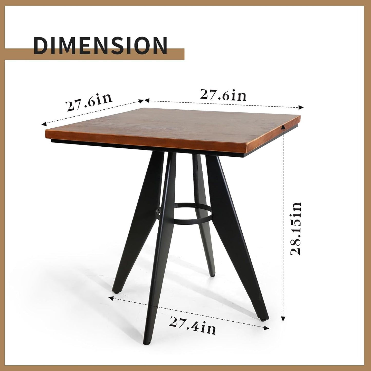 Square Cafe Table - 27.6" Pine Wood Top, Metal Frame, 28.15" High, Modern Industrial Dining Table for Kitchen, Home Office, Bistro, Compact for Space Saving, Black Base Brown Top
