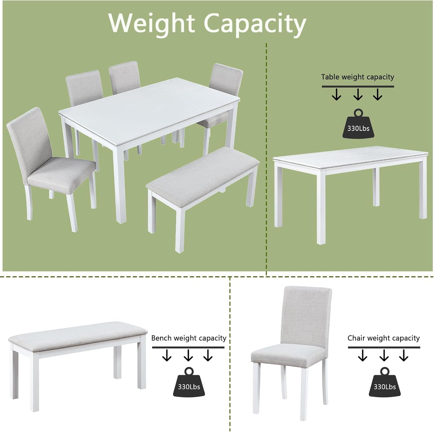 soges 6 Piece Wooden Dining Table Set, Dining Room Table with 4 Upholstered Chairs and Bench, Rectangular 6-Person Kitchen Dining Table Set with Crystal Decoration, White