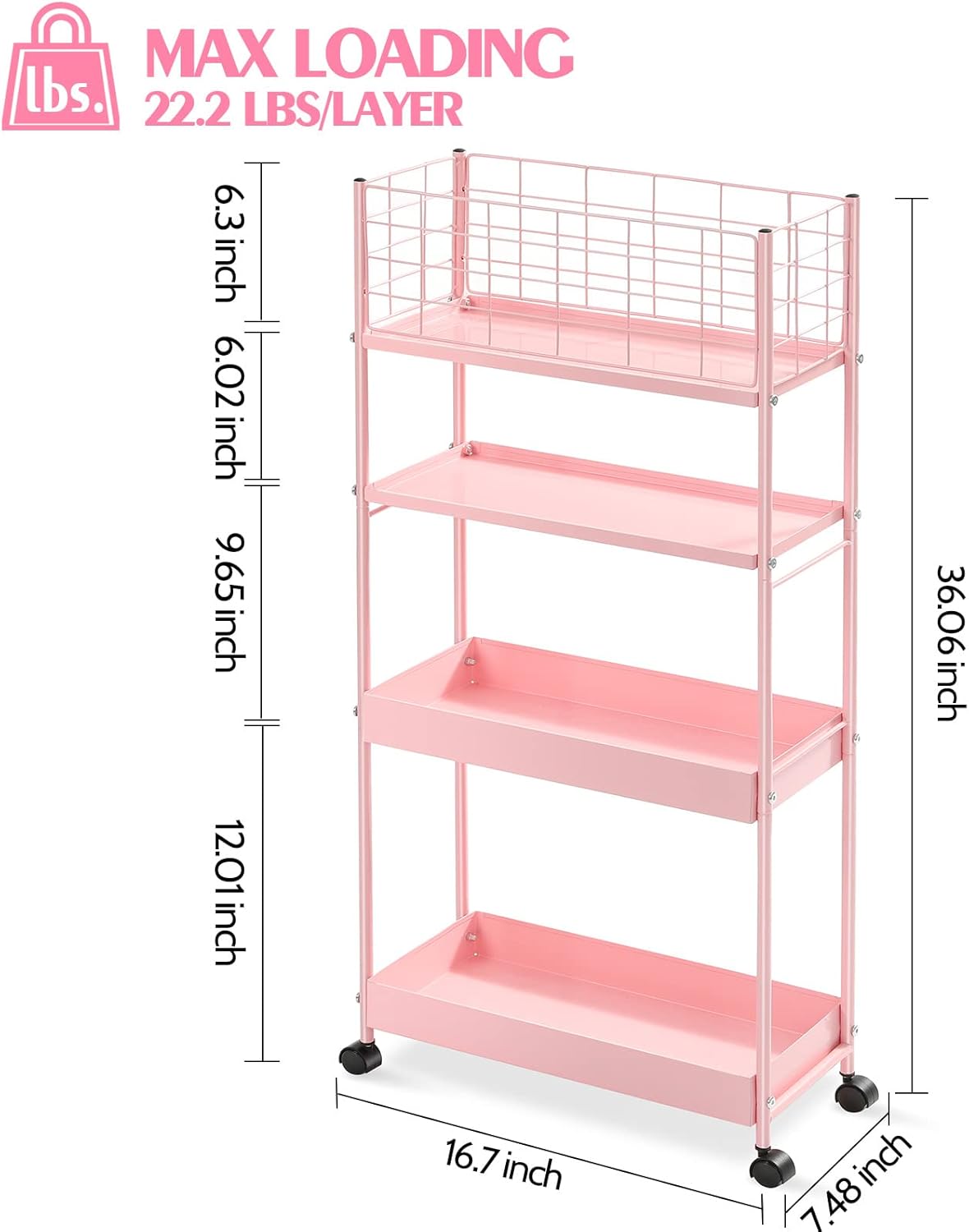 KINGRACK Slim Storage Cart, 4-Tier Metal Utility Rolling Cart with Wheels,Bathroom Organizer, Skinny Rolling Trolley, Mobile Shelving Unit for Office, Laundry Room, Narrow Place,Pink