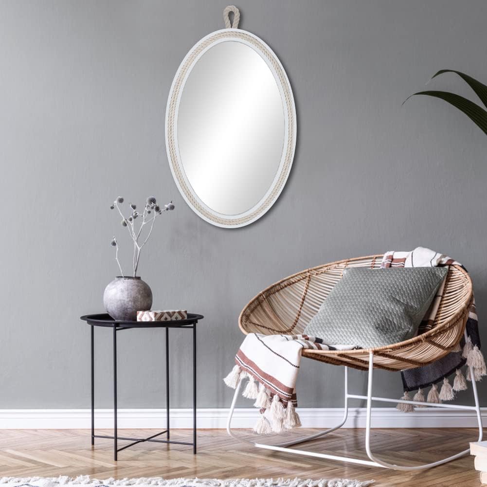 Farmhouse Wall Mirror Rope Mirror Decorative Mirror with Hanging Loop,Beach Nautical Mirror ,24 inches Lx16 inches W,Oval, White, Oval 24 inches Lx16 inches W