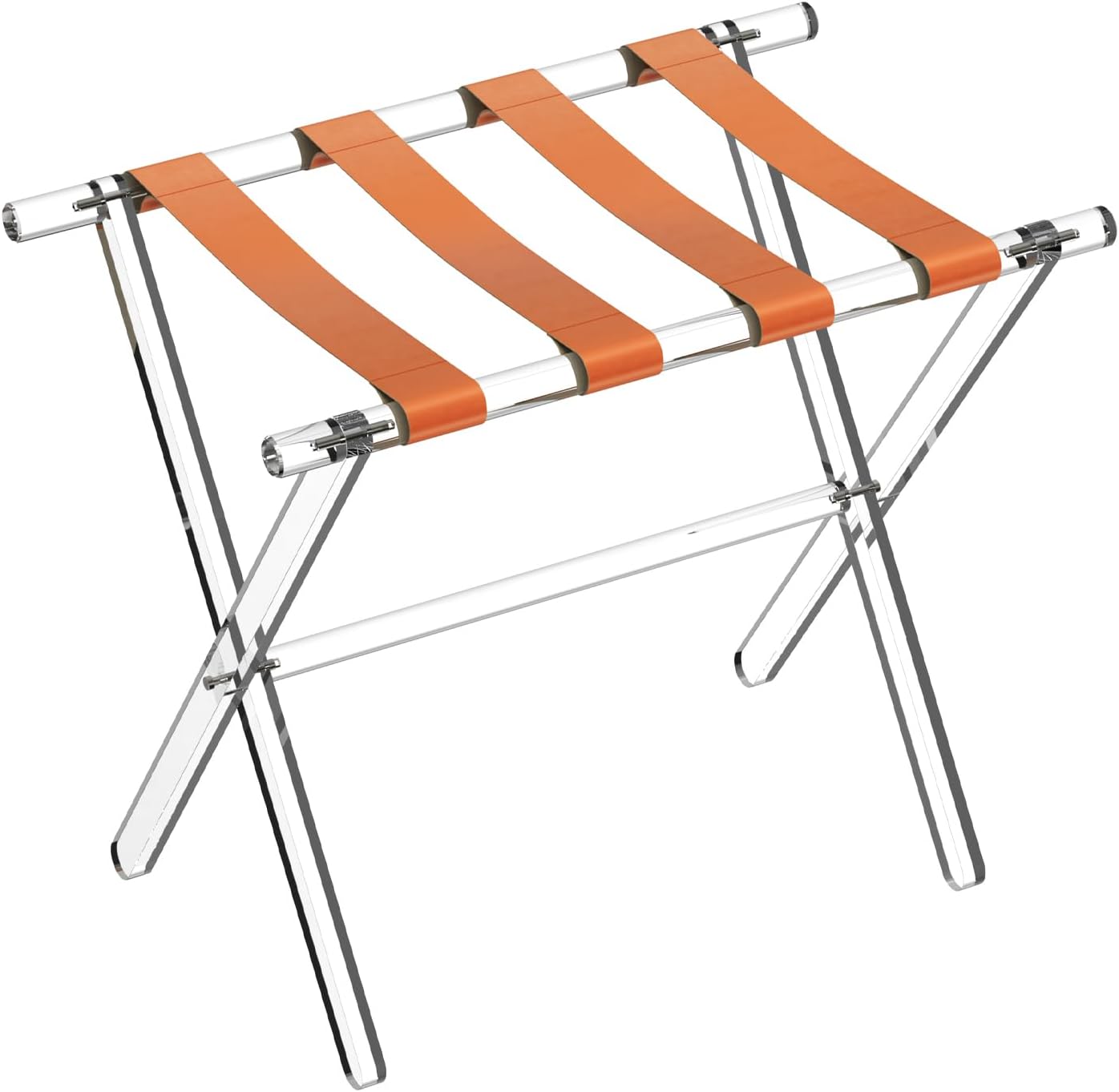 Sumerflos Acrylic Luggage Rack for Guest Room - Foldable Suitcase Stand with Leather Straps for Bedroom Living Room Hotel Heavy-Duty, Holds up to 50-100 lb lightweight Space Saving (Orange & Handle - 1 Pcs)