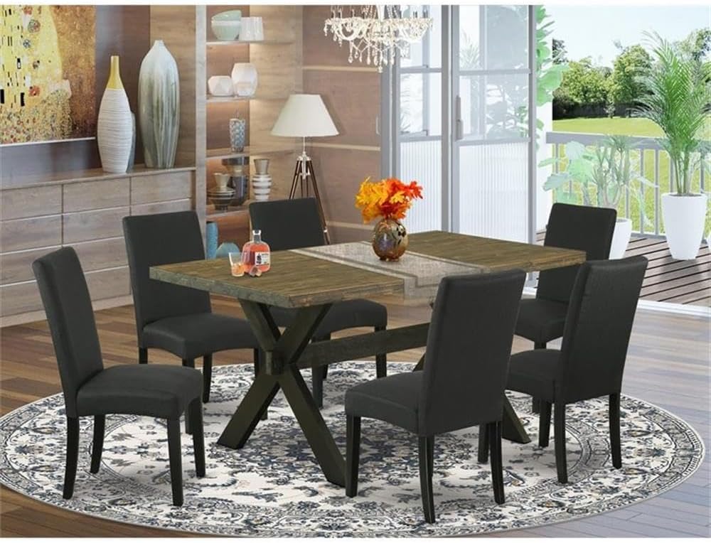 East West Furniture X676DR124-7 7 Piece Dining Set Consist of a Rectangle Dining Room Table with X-Legs and 6 Black Color Linen Fabric Upholstered Chairs, 36x60 Inch, Multi-Color