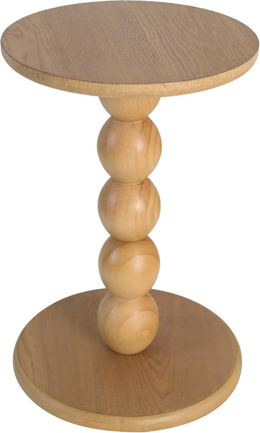 Round Wooden Side Table with Stacked Ball Pedestal Base, Accent Nightstand for Living Room, Bedroom, Corners (Natural)
