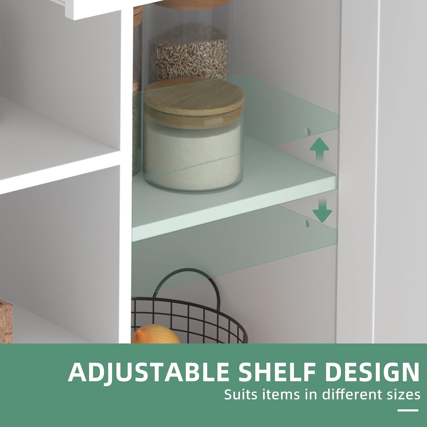 Shintenchi Kitchen Island with Storage, Kitchen Island Cart on Wheels with 3 Open Shelves, 2 Drawers and 2 Cabinets, Rolling Kitchen Table with Large Countertop, White