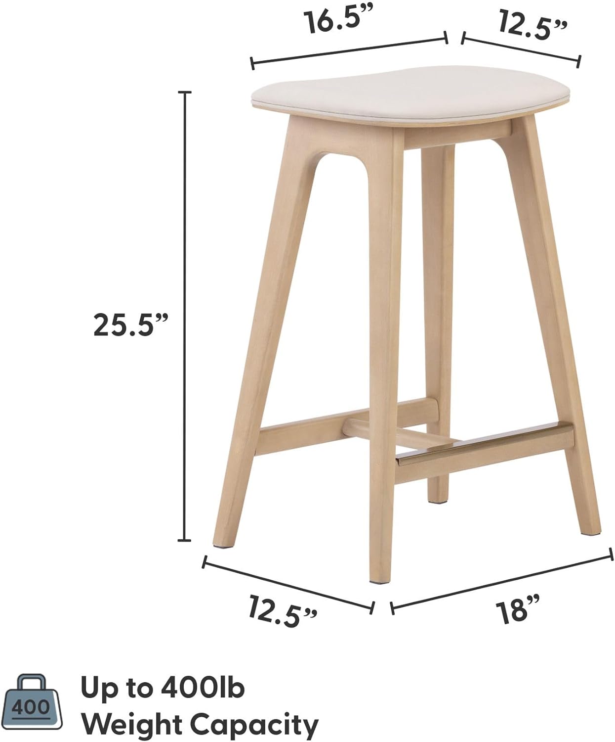 Plank+Beam Beryl Counter Height Stool - Mid-Century Modern Rubberwood Bar Stool with Faux Leather Seat, Metal Footrest, Easy Assembly, Blonde/Sesame