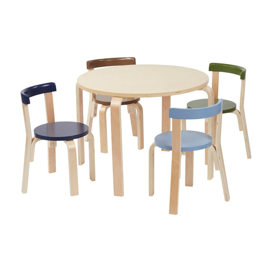 ECR4Kids Bentwood Round Table and Curved Back Chair Set, Kids Furniture, Earthtone, 5-Piece