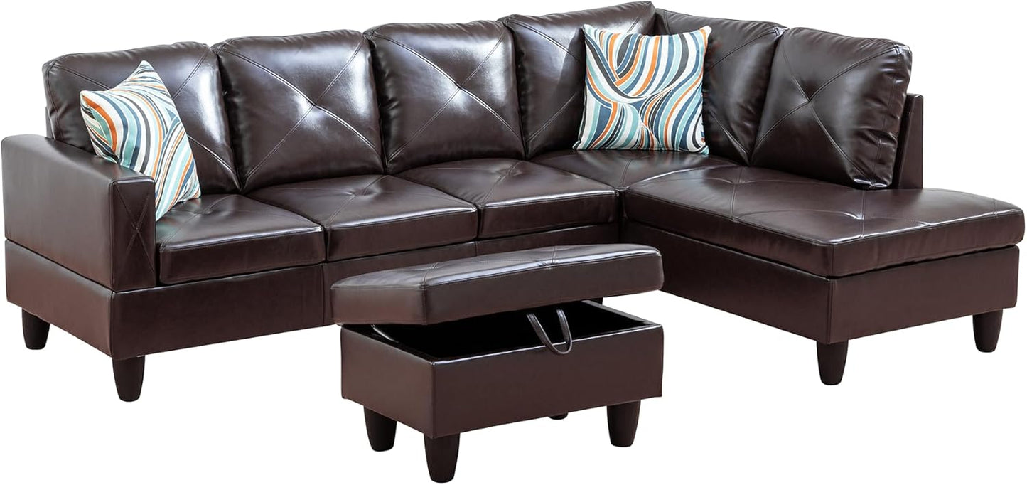 Couches for Living Room Faux Leather L Shaped Couch Comfy 3 Pieces Sectional Sofa with Chaise, Ottoman with Storage for Office and Small Apartment, Brown