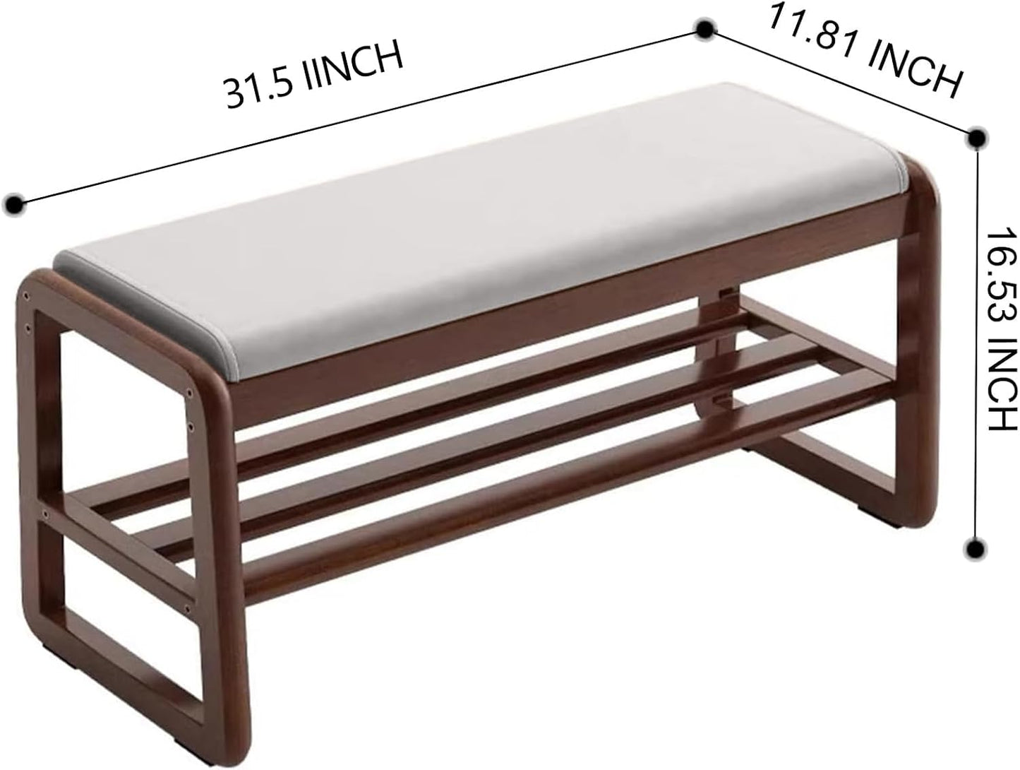 Solid Wood Shoe Bench, 2-Tier Wooden Storage Entryway Bench, Mid-Century Modern Shoe Bench Rack, End of Bed Bench with Faux Leather Cushion, Ottoman Bench for Hallway, Living Room (Cream Grey 31.5'')