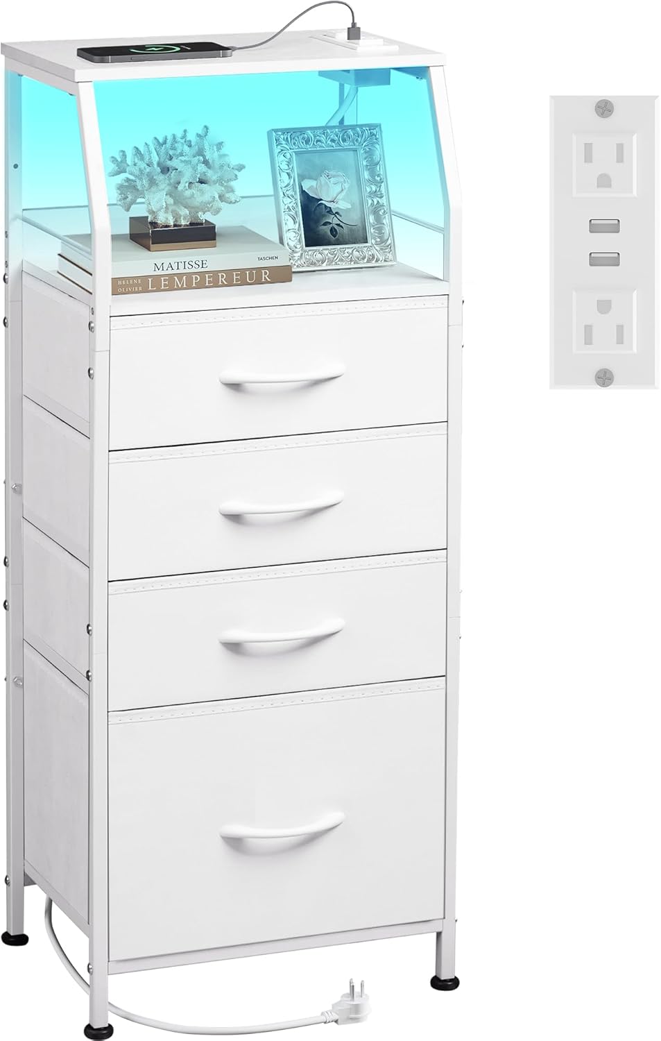 WLIVE Night Stand with Charger Station, White Nightstand with LED Light and 4 Storage Drawers, Tall Dresser for Bedroom, 37.48" H Bedside Table with Fabric Bins, Wood Shelf