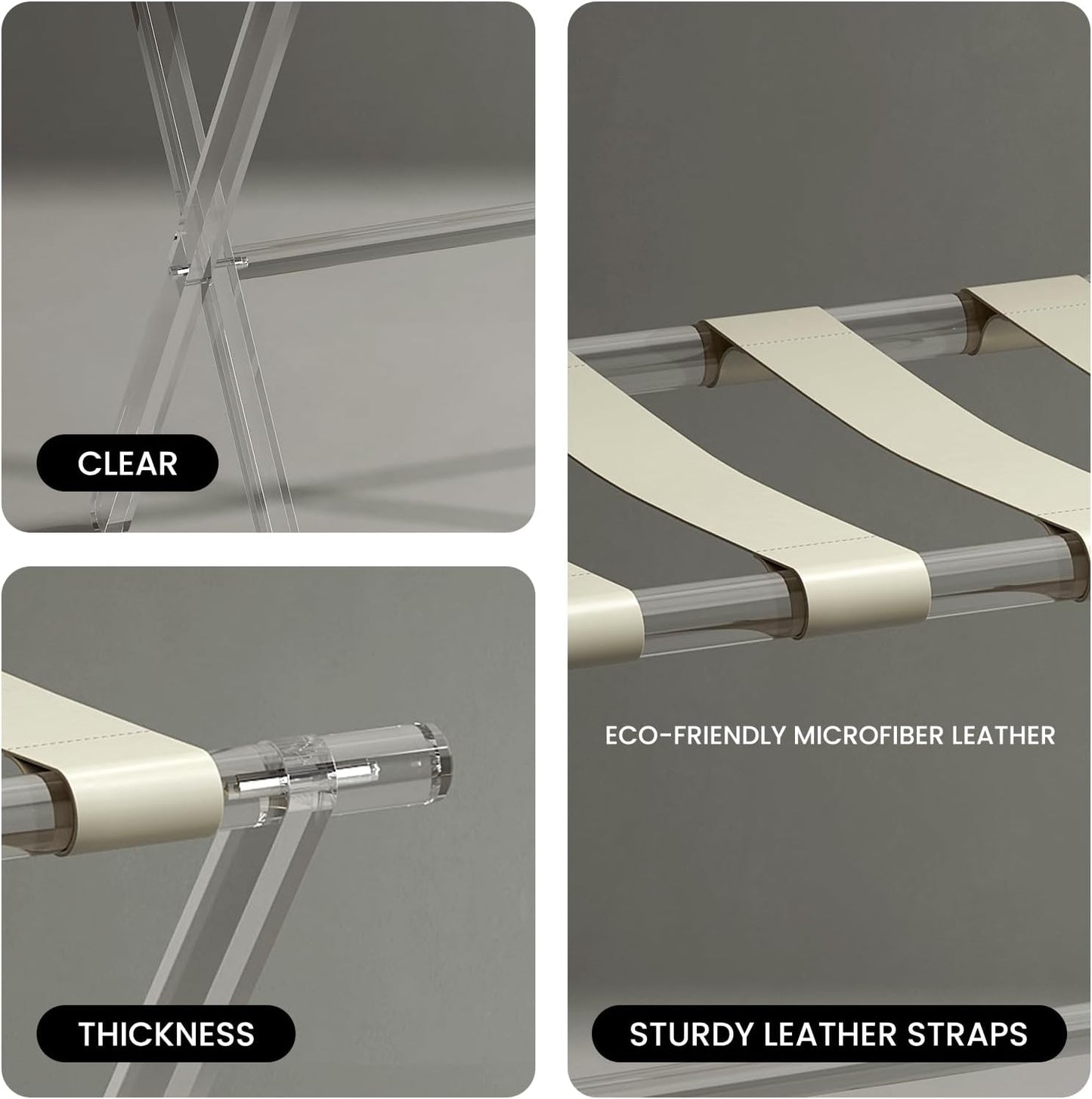 Sumerflos Acrylic Luggage Rack for Guest Room - Foldable Suitcase Stand with Leather Straps for Bedroom Living Room Hotel Heavy-Duty, Holds up to 50-100 lb lightweight Space Saving (Beige & Handle - 2 Pcs)