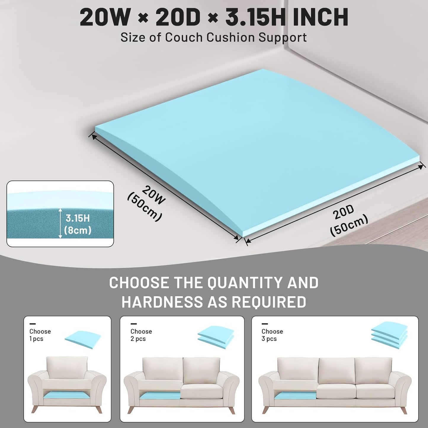 Couch Cushion Support for Sagging Seat – 3 Pack 20x20x3.15 Inch Sofa Cushion Board Saver & Replacement Insert for Saggy Couch or Chair, Quick No-Tool Install with 40D Memory Foam