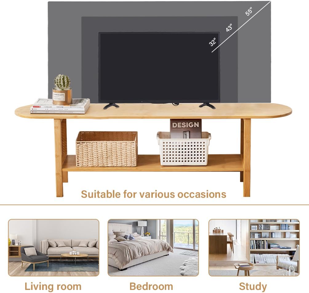 Tiita TV Stand with Storage for TVs up to 65'', Bamboo TV Console Entertainment Center with 2 Open Shelf, Mid Century Modern Media Console for Living Room, Bedroom, Wood