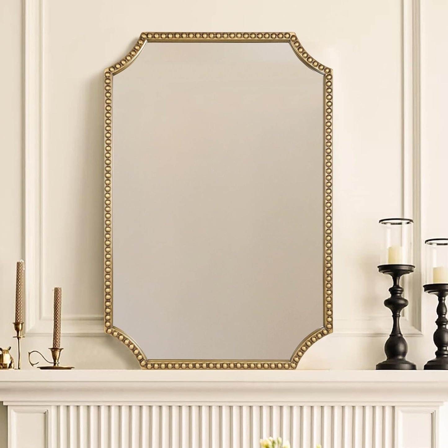 30"x40" Mirror for Wall, Full Scalloped Corners Rectangle Decorative Mirror, Metal Beaded Frame Accent Wall Decor for Bathroom, Entryway, Mantel, Antique Gold