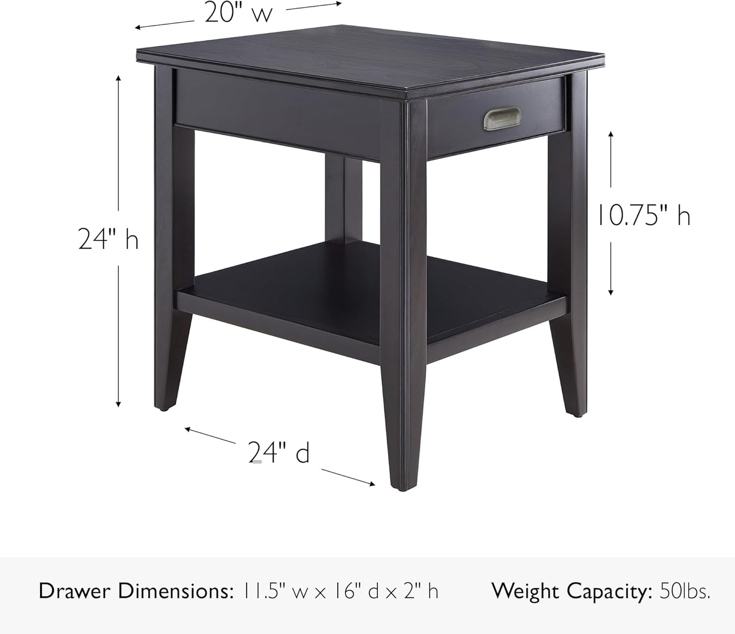 Leick Home Laurent End Table, Solid Wood, 1 Drawer, Bottom Display Shelf, Easy Assembly, for Bedroom/Living Room, Black, 24.0 in L x 20.0 in. W x 24.0 in. H, 10507-BK