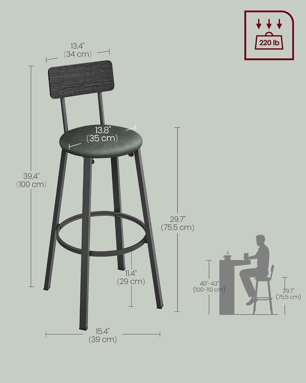 VASAGLE Bar Stools, Set of 2 PU Upholstered Breakfast Stools, 29.7-Inch Barstools with Back and Footrest, Simple Assembly, for Dining Room Kitchen Counter, Classic Black and Forest Green ULBC069C01