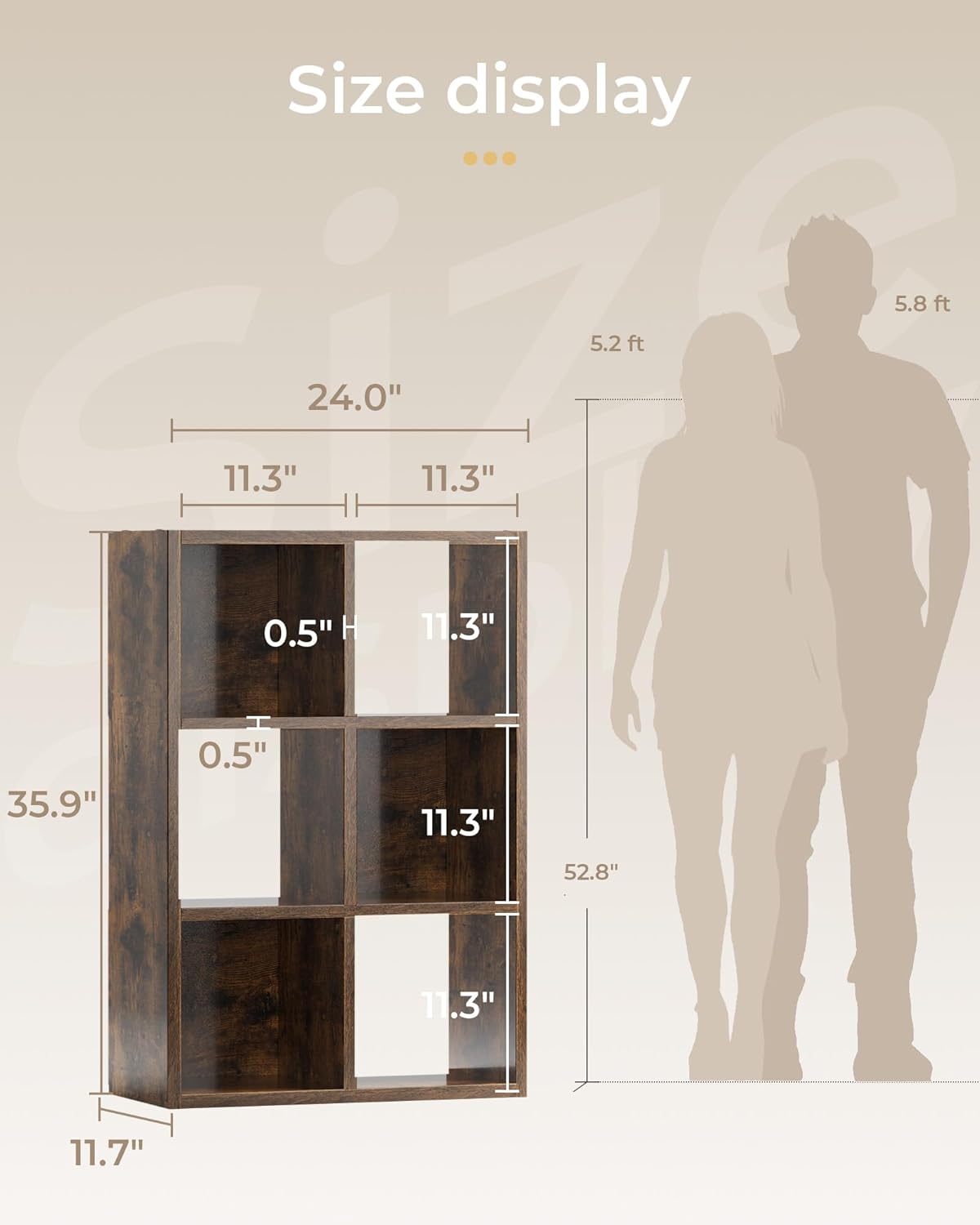 GTPLAYER 6-Cube Storage Organizer, Fits 11" Bins, Vertical or Horizontal Use, Opening Bookshelf, Partial Back Panels, Stackable Design Bookcase, for Closet, Bedroom, Home Office, Rustic Brown