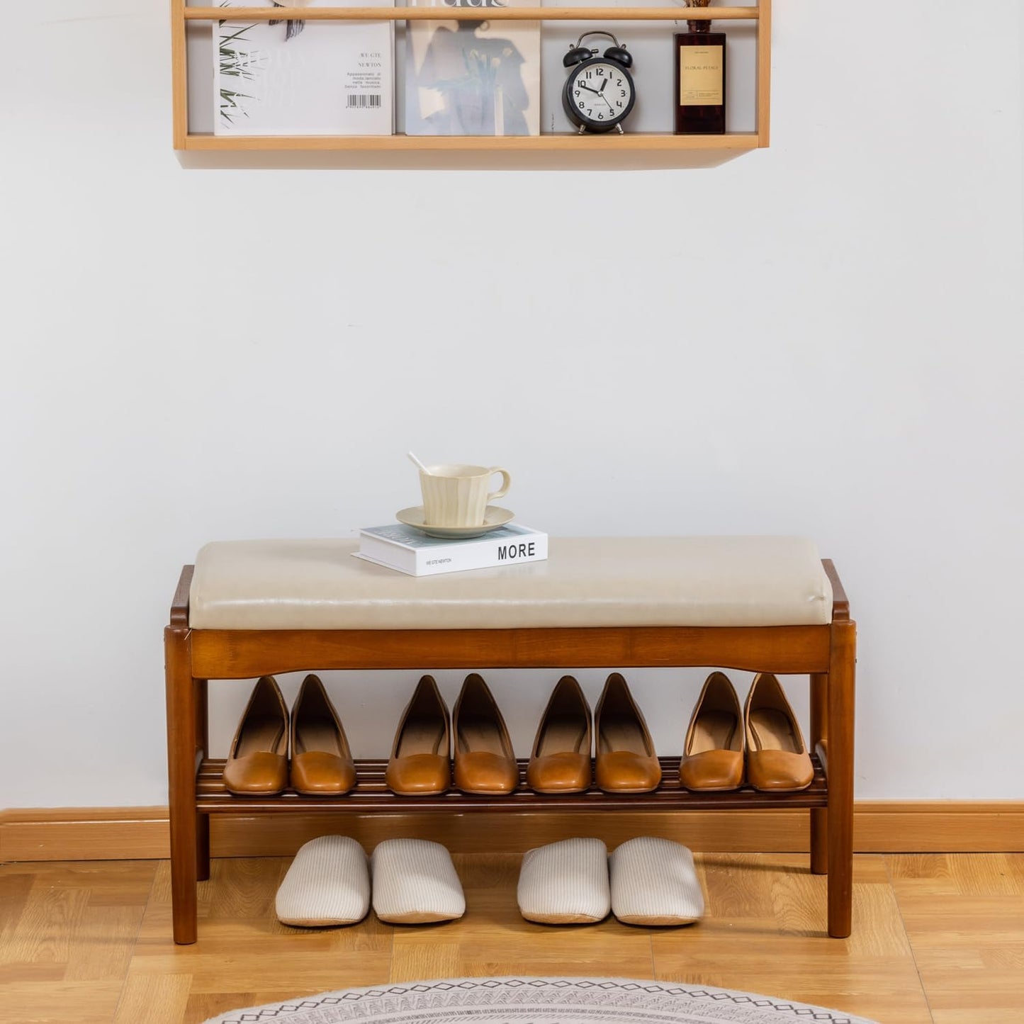 Shoe Bench, Entryway Bench, Wood 2-Tier Shoe Rack with Cushion Padded Seat Shoe Organizer (31.5",Beige)