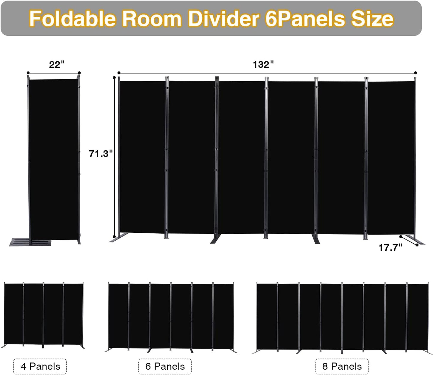 Room Divider, 6 Panel Folding Privacy Screens with Wider Support Feet, 6 Ft Portable Room Partition for Room Separator, 132" W X 71" H, Black