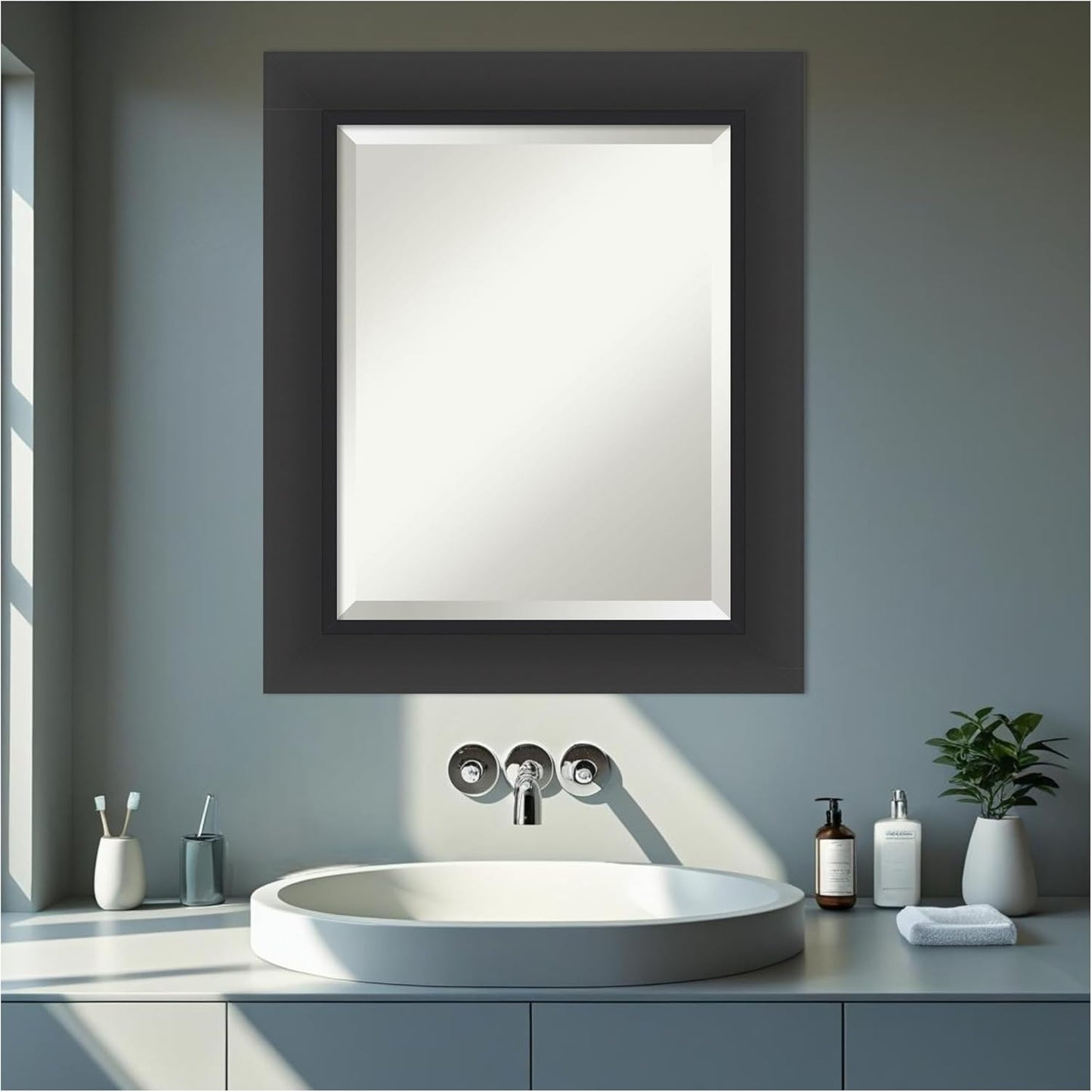 Amanti Art Black Bathroom Mirror for Over Sink, 26x22 Sloped Black Rectangle Vanity Mirror, Small Modern Contemporary Frame, Hangs Horizonally and Vertically, Bathroom Wall Decor, Beveled Edge