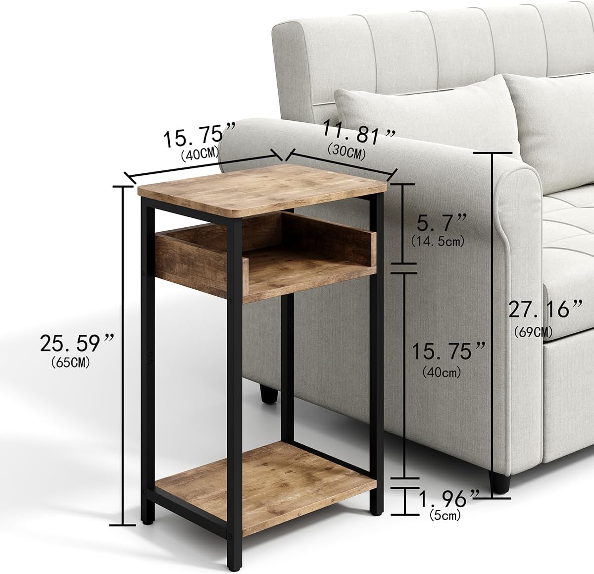 Side Table, 25 inch High End Table, Small Bedside Table for Living Room, Bedroom and Office, Greige & Black