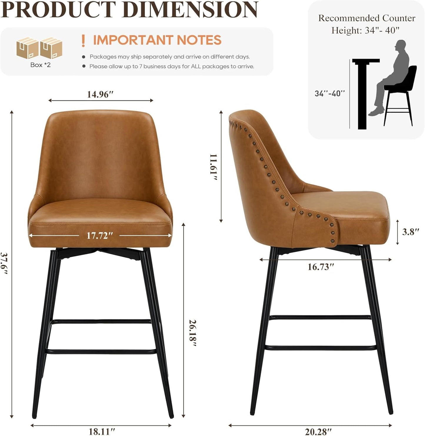 COLAMY Bar Stools Set of 4, 26.18" Counter Height Swivel Stools with Thick Padded Seat, Adjustable Footrest & 360° Rotation, Premium PU Leather Upholstery for Kitchen Island/Home Bar/Cafe, Brown