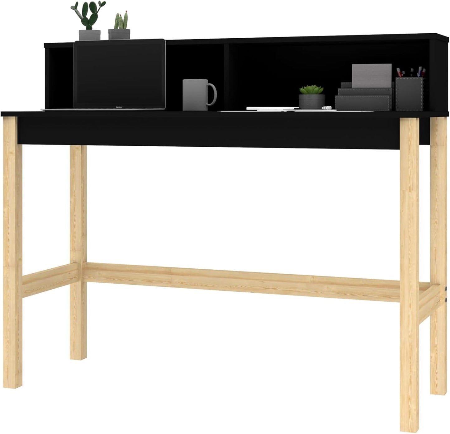 Manhattan Comfort Bowery 47 Inch Mid Century Modern Home Office Desk, Study Table or Entryway Furniture with 2 Cubbies and Rustic Wood Base, 24 inch, Black/Oak