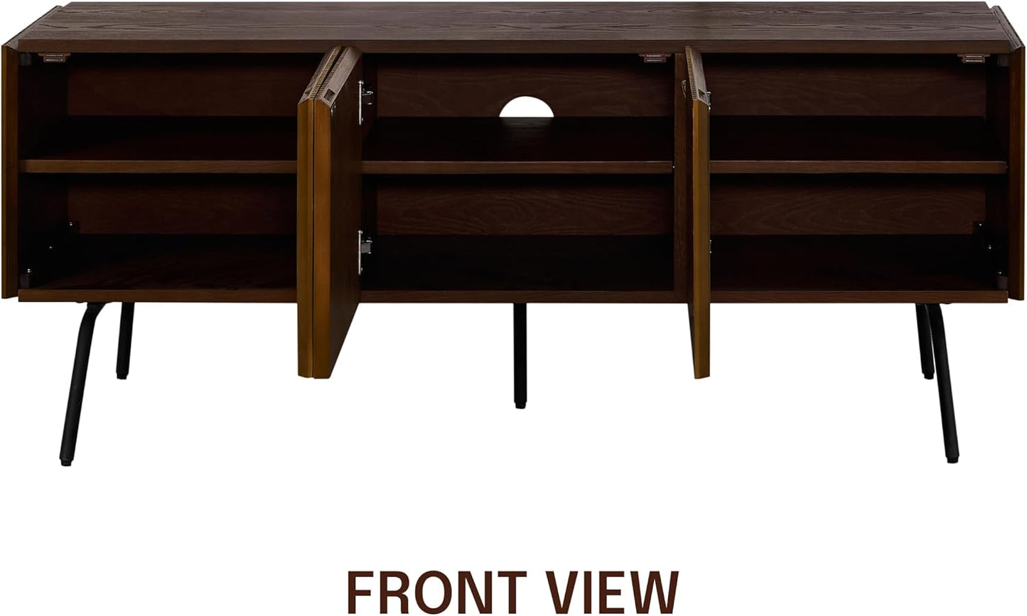 NTC Veil TV Stand with 3 Doors for TVs up to 60’’, Media Console with Vertical Groove Design and Metal Legs, Modern Entertainment Center for Living Room and Bedroom, Effortless Assembly, Dark Walnut