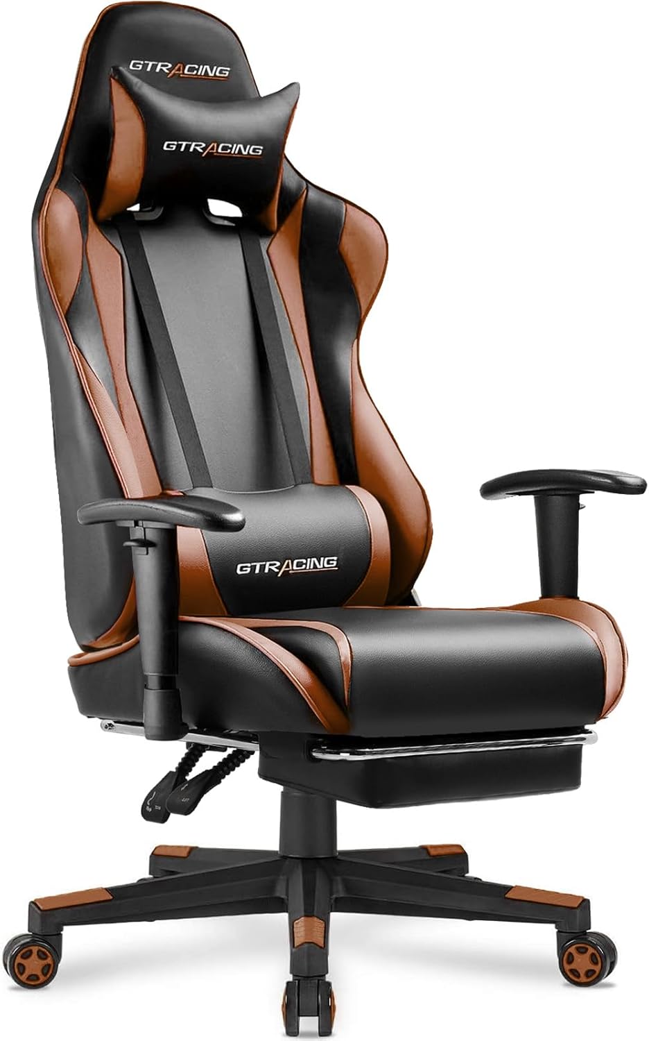GTRACING Gaming Chair with Footrest, Ergonomic Computer Game Desk Chair, Reclining Gaming Chair Seat Height Adjustment, Swivel Rocker with Headrest and Lumbar (Brown)