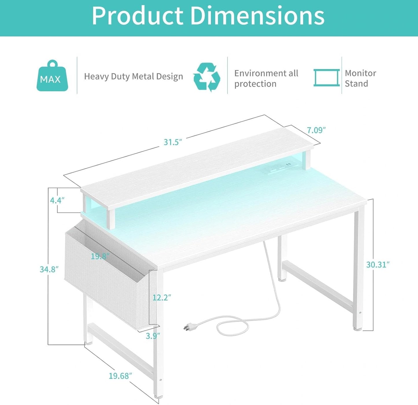 Lufeiya Small White Desk with LED Lights and Power Outlets, 32 Inch Home Office Computer Desks with Monitor Stand, Teen Writing Study Table Gaming Desk with Charging Station, White