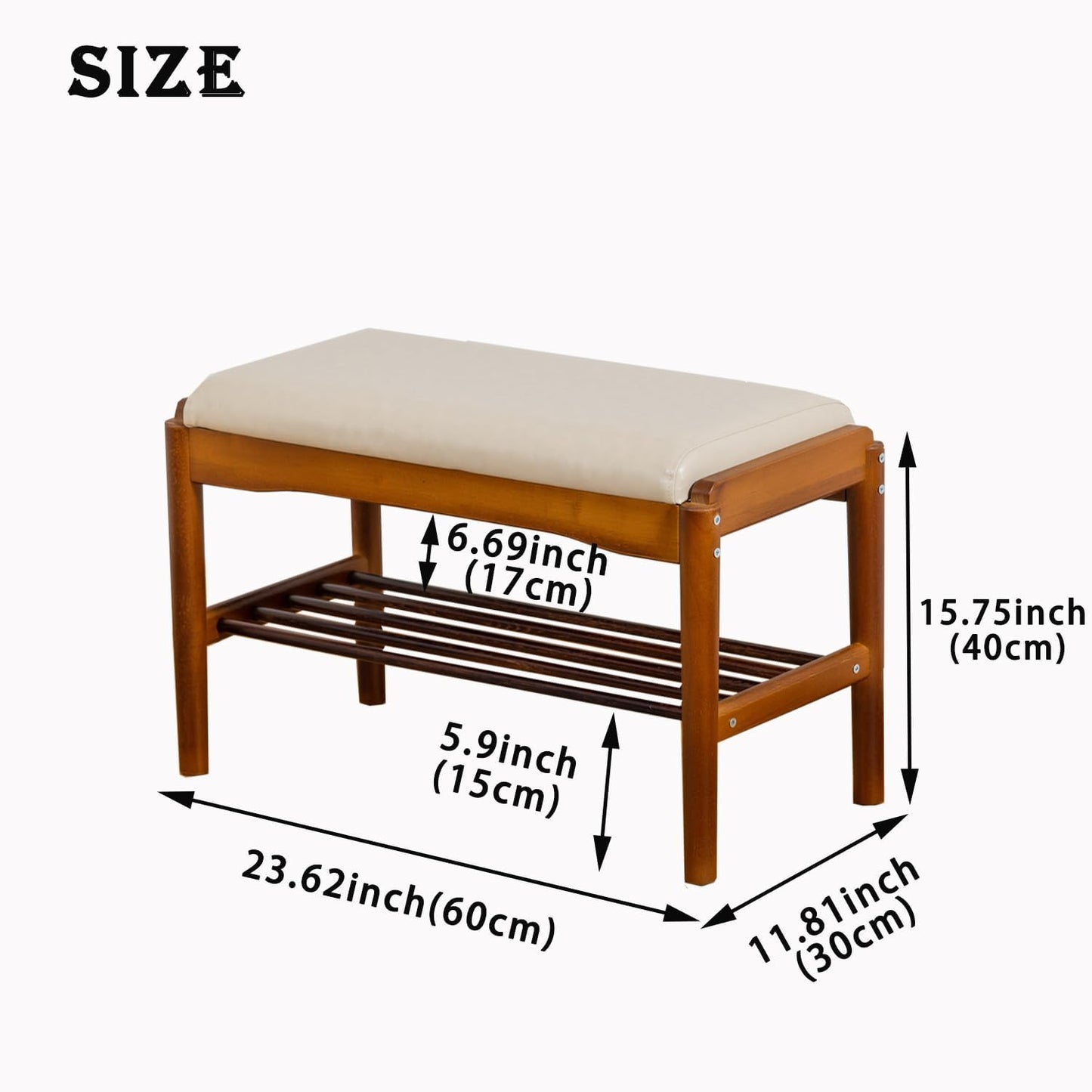 latifolia Small Shoe Bench, Solid Wood Bench with Cushion, 2 Tier Shoe Storage Organizer for Entryway(Walnut,23.62''L)