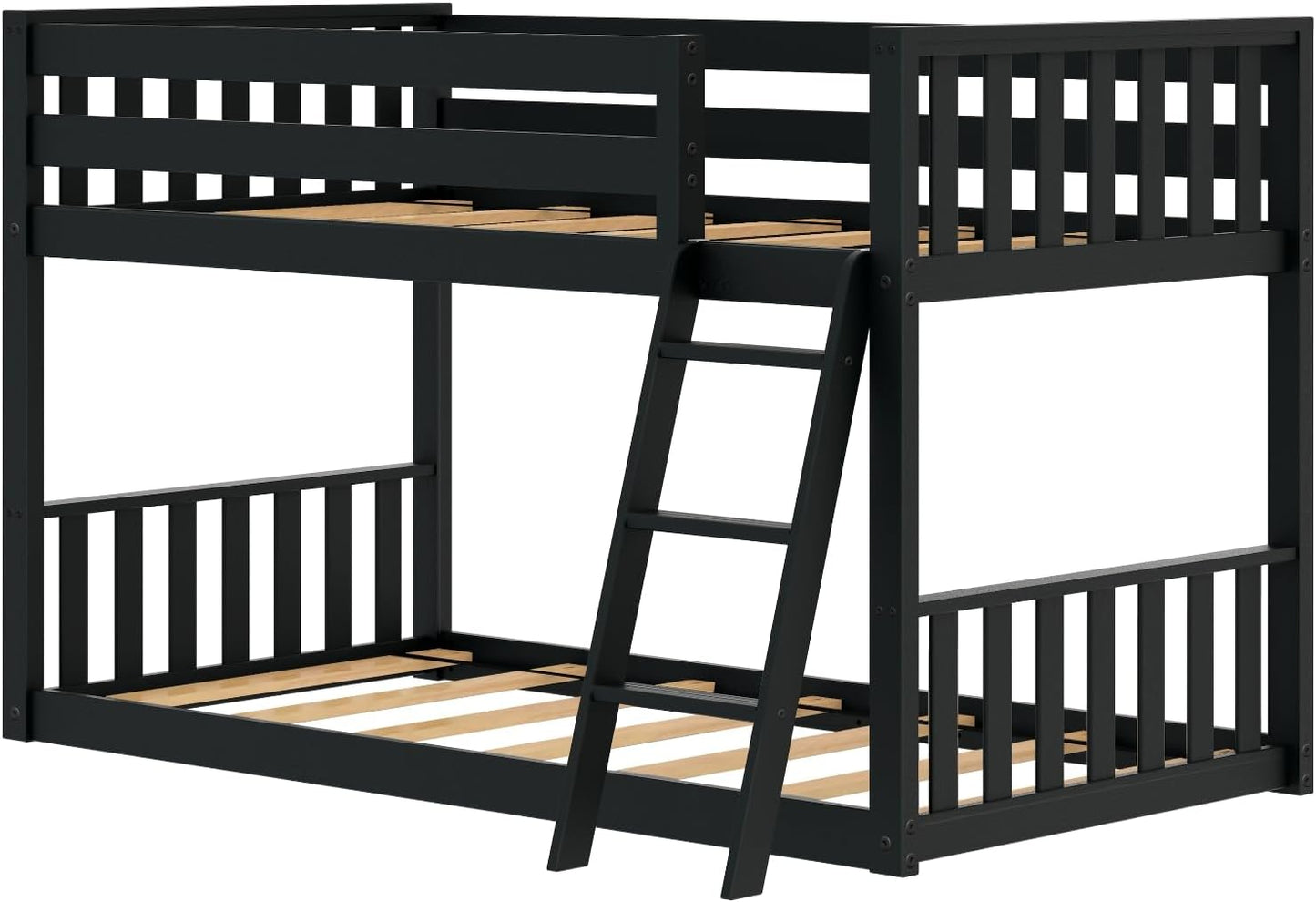 Max & Lily Low Bunk Bed, Scandinavian Modern Bunk Bed, Solid Wood Twin-Over-Twin Bed Frame for Kids, No Box Spring Needed, Black